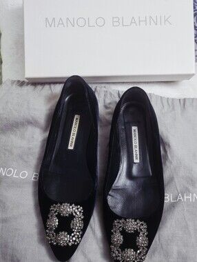 Manolo Blahnik Black Velvet Jeweled Pointed Flats